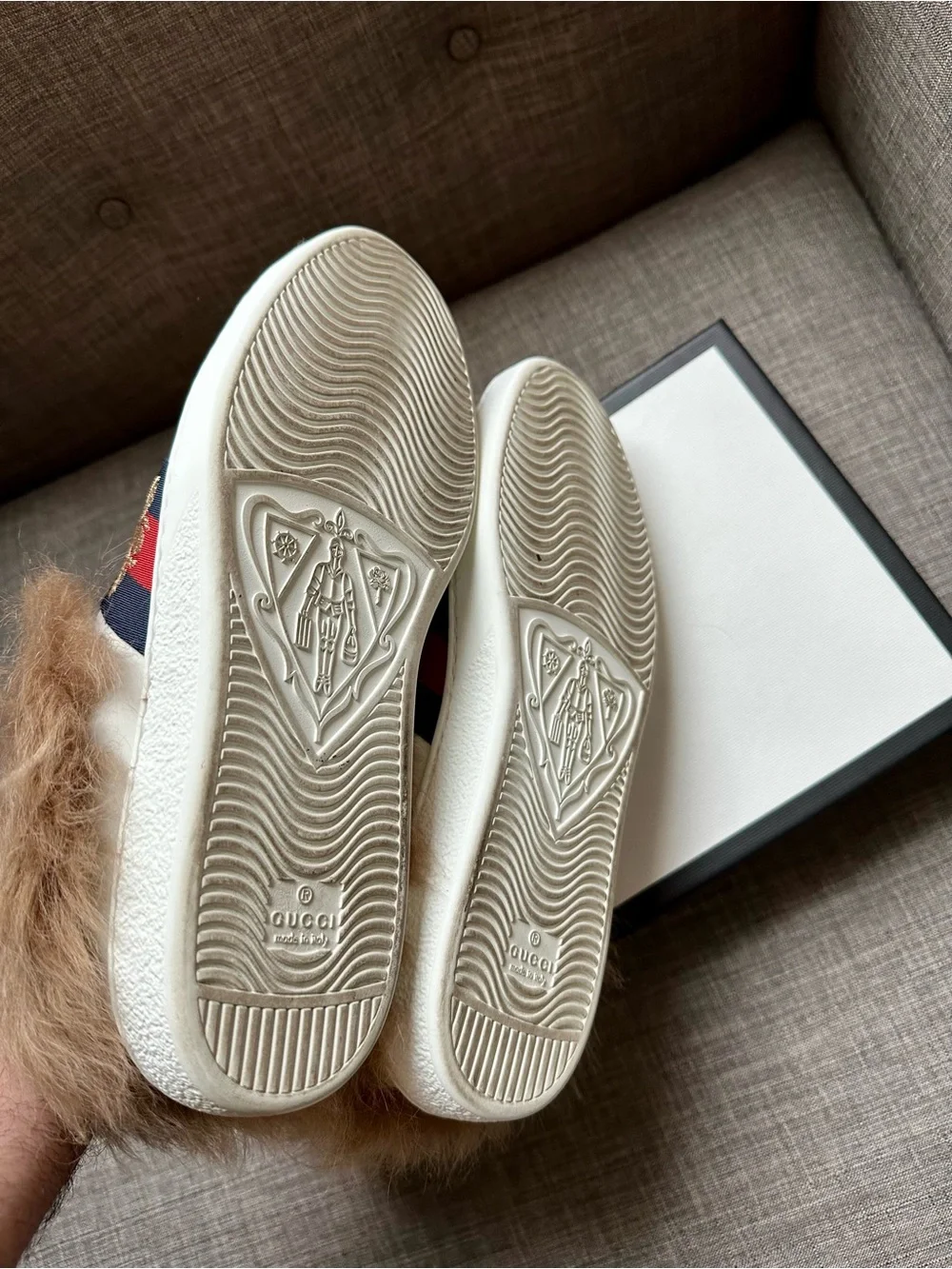 Gucci Ace White Leather Fur-Lined Sneakers with Red and Blue Stripe
